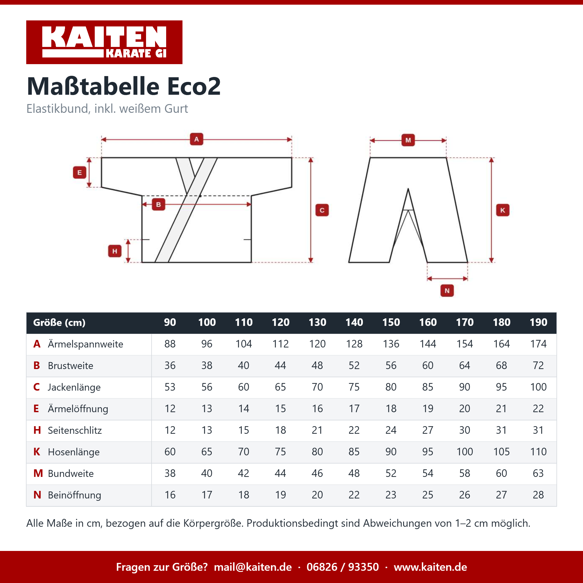 Maßtabelle KAITEN Eco2 mit Maßskizze